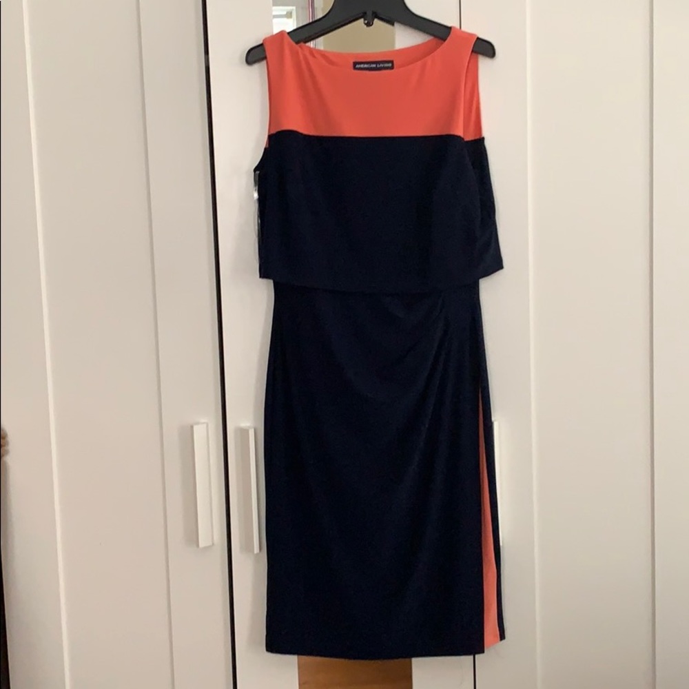 Flattering coral/navy blue party dress